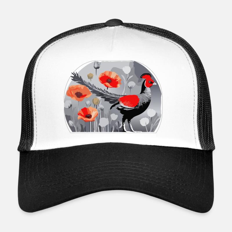 Fasanen- und Mohnblumen-Illustration - Trucker Cap - Weiß/Schwarz