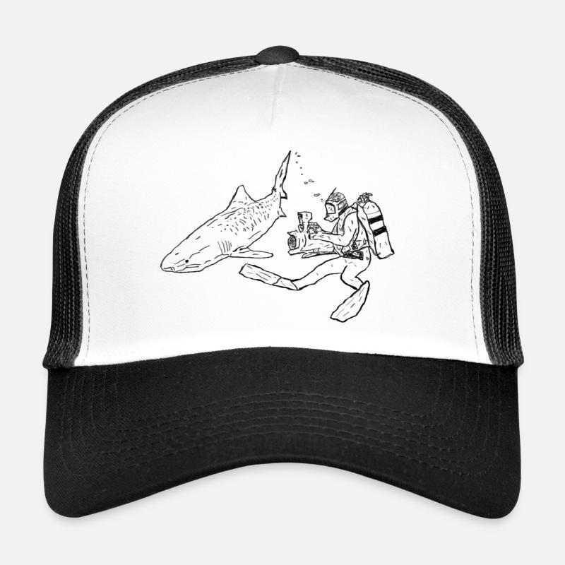Shark with camera diver in black Trucker Cap