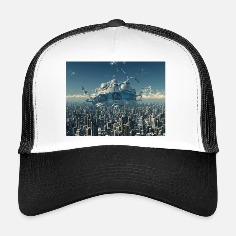 Riesiges Raumschiff in einer Großstadt - Trucker Cap - Weiß/Schwarz