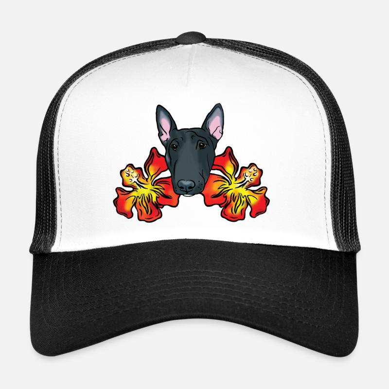 Bullterrier mit Hibiskusblüten - Trucker Cap - Weiß/Schwarz