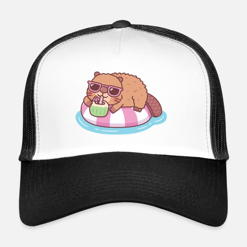 Cute Beaver Chilling On Pool Float With Coconut Casquette trucker 