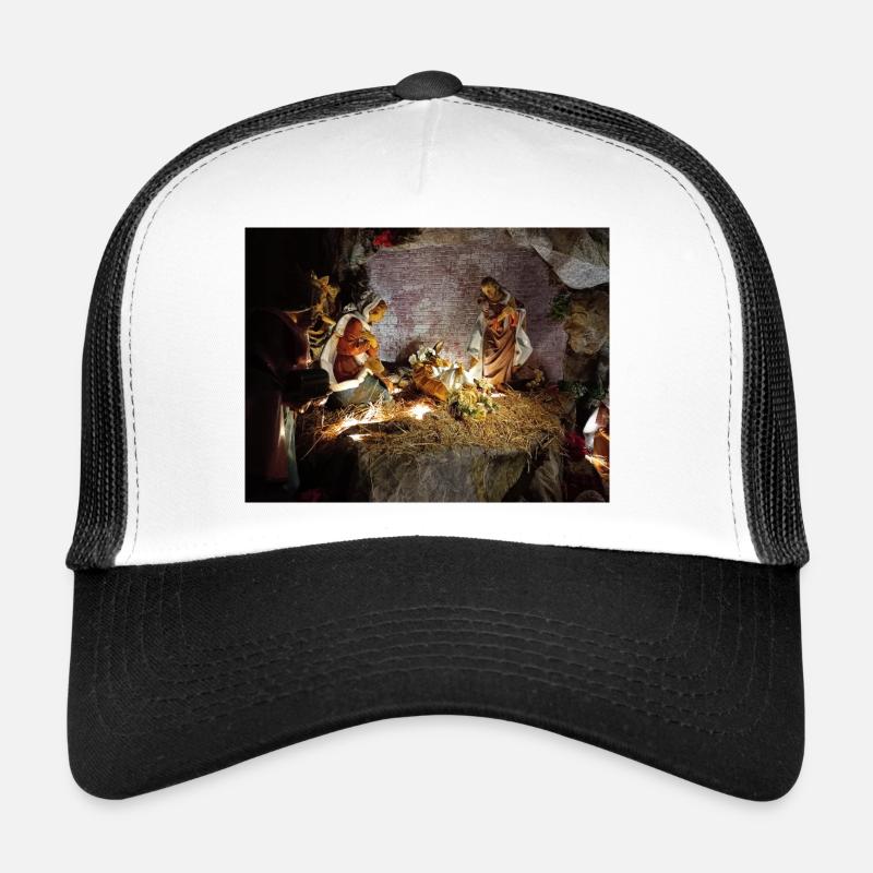 Illuminated Nativity Scene between Stones Trucker Cap