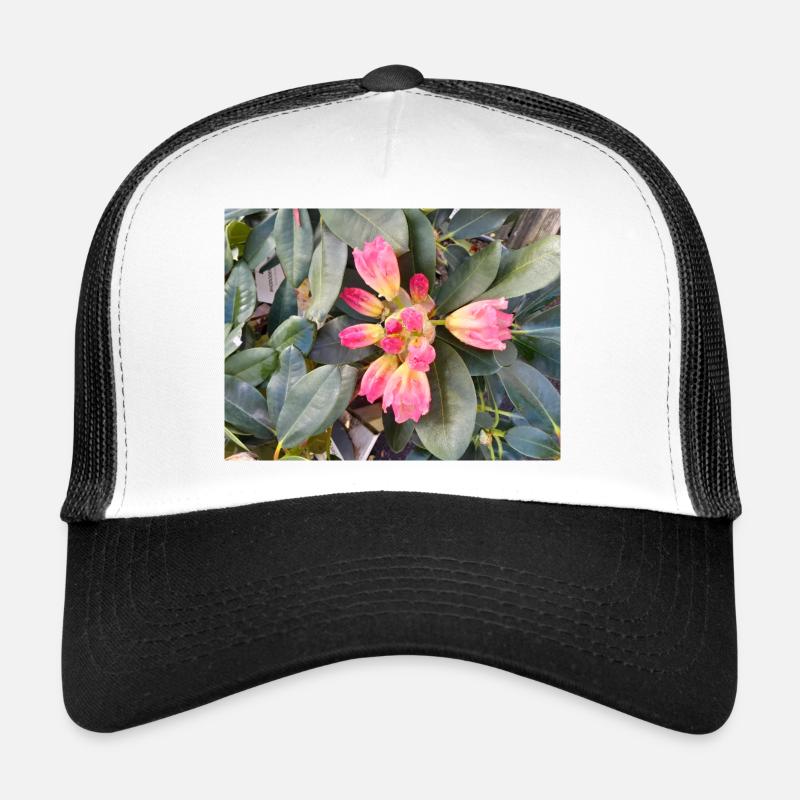 Fleurs roses orangées sur feuillage vert Casquette trucker 