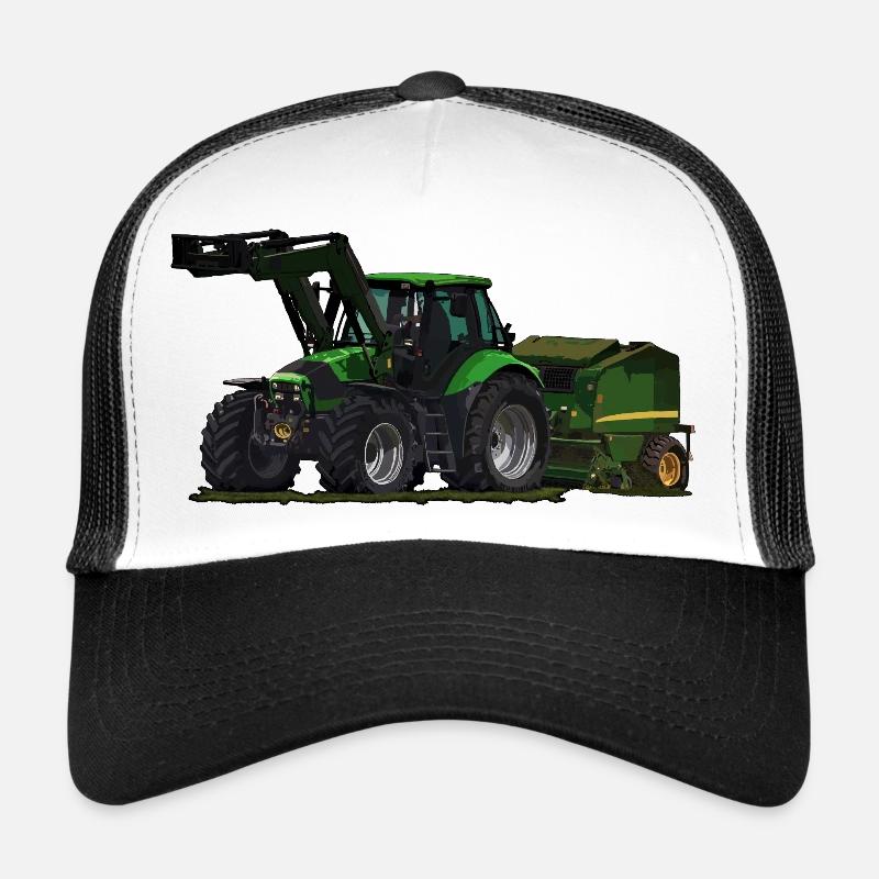 Light green tractor with front loader and baler Trucker Cap
