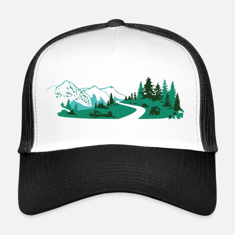 Paysage d’une route dans les montagnes. Casquette trucker 