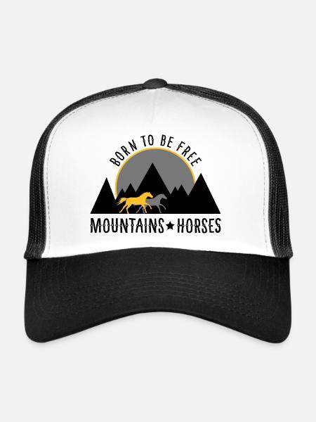 BORN TO BE FREE! Horses before mountains/sunset - Trucker Cap - white/black - Front