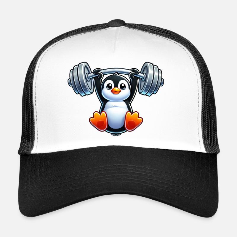 Pingouin de dessin animé mignon avec tête de traction d’haltères Casquette trucker 