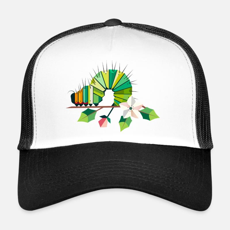 Chenille dans des tons verts vifs sur une branche de fleur Casquette trucker 