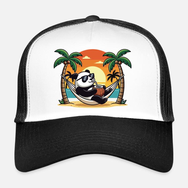 Vacances d’été du panda drôle sur le hamac de la plage Casquette trucker 