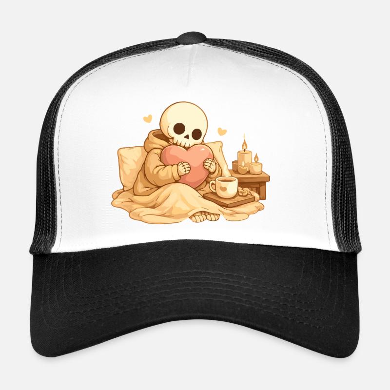 Cozy Skeleton with Heart – Rest & Self-Care Trucker Cap