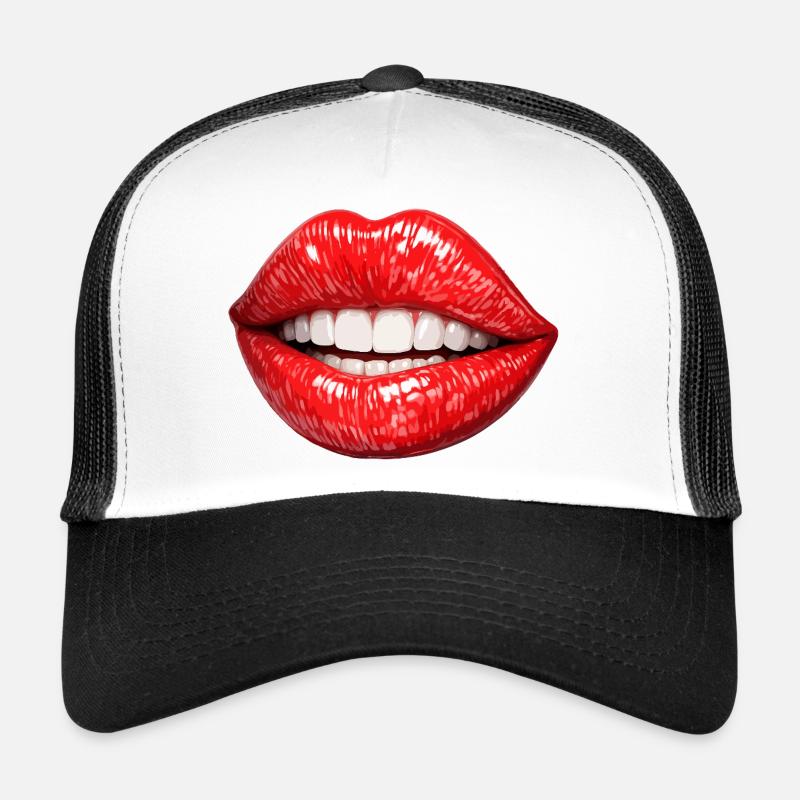 Lèvres rouges vives sourire Casquette trucker 