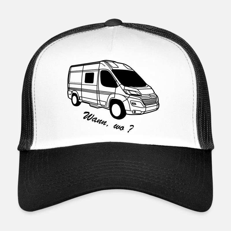 Kastenwagen Van mit Text "Wann, wo?" - Trucker Cap - Weiß/Schwarz