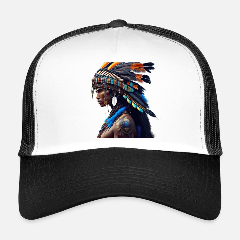Indianer mit blauem Oberteil - Trucker Cap - Weiß/Schwarz