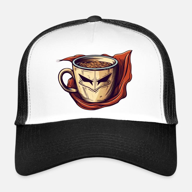 Kaffee und Cappuccino als Koffein Superheld Trucker Cap
