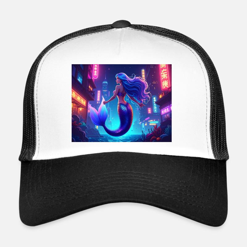 Cyber Mermaid – Neon Ocean Queen - Trucker Cap - Weiß/Schwarz
