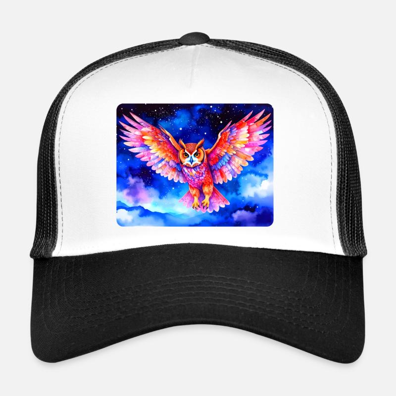 Bunter Uhu vor Sternenhimmel - Trucker Cap - Weiß/Schwarz