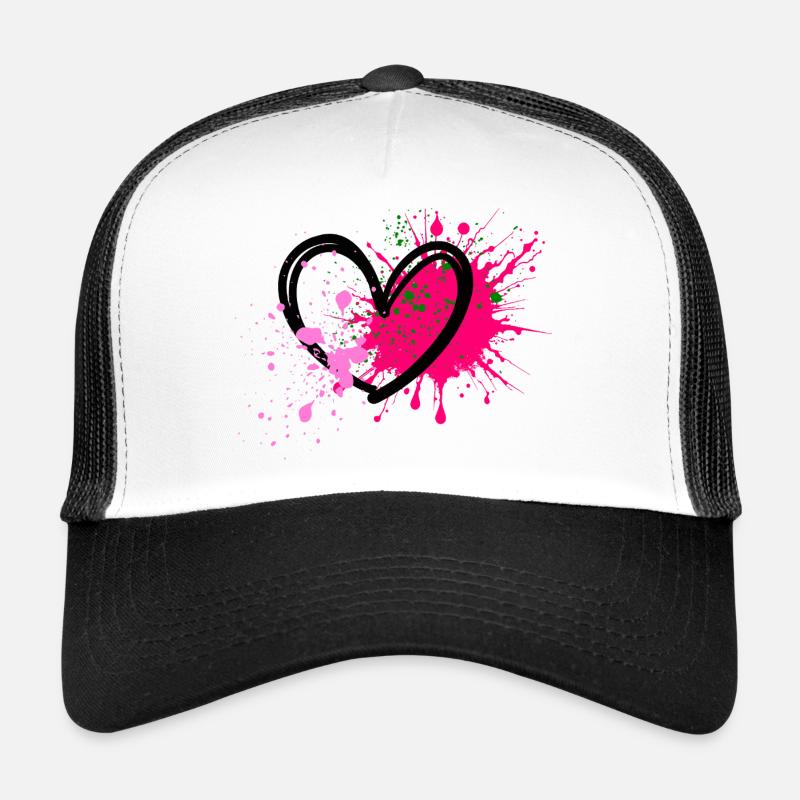 Neon-Splatterherz auf Schwarz - Trucker Cap - Weiß/Schwarz