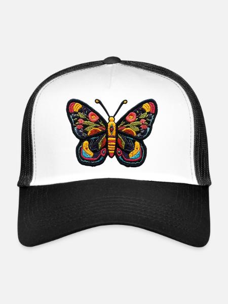 Papillon coloré en style broderie – Boho Patc - Casquette trucker  - blanc/noir - Devant