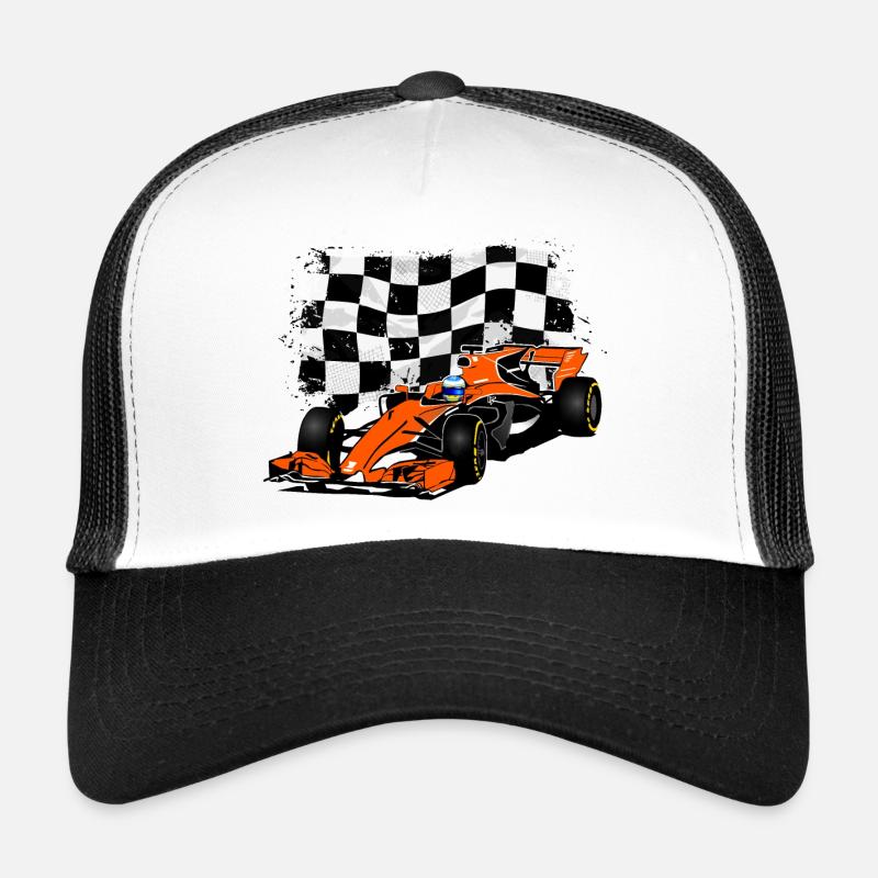 Racecar - Rennauto - Racing Flag - Trucker Cap - Weiß/Schwarz