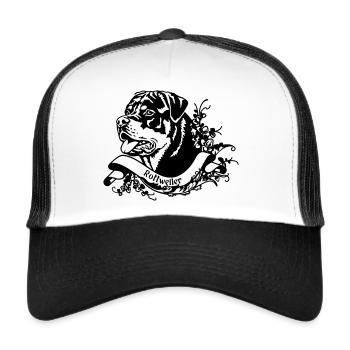 Rottweiler Rüde an Retro Banner - Trucker Cap - Weiß/Schwarz - Vorne