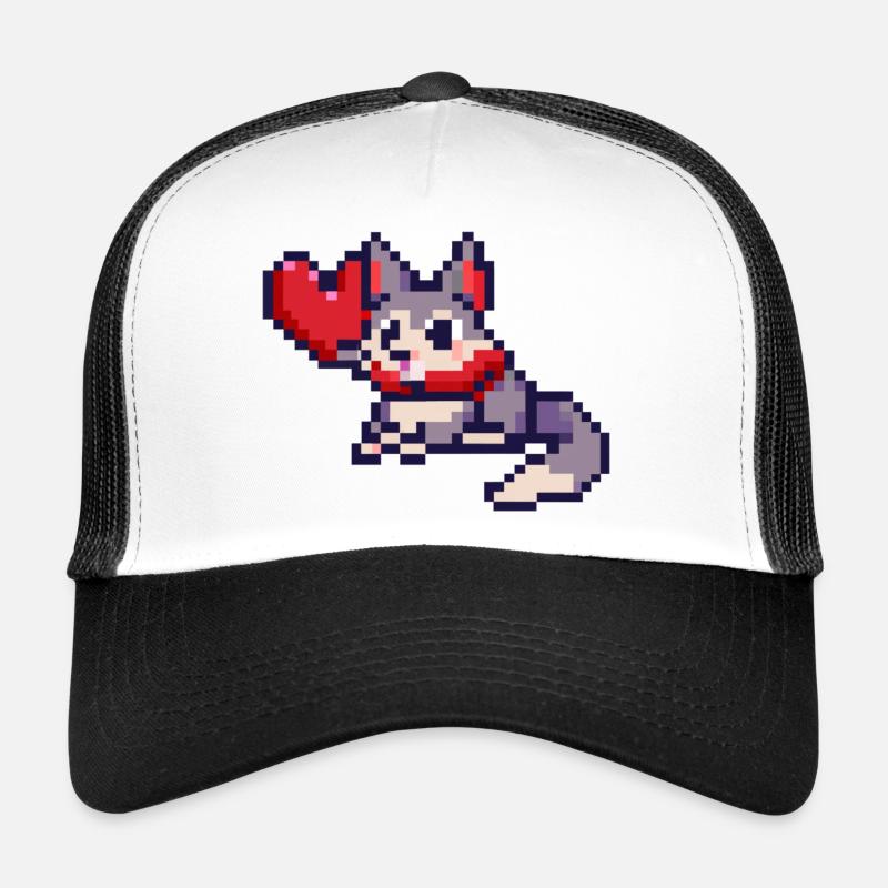 Chat Pixelart avec cœur - Casquette trucker  - blanc/noir