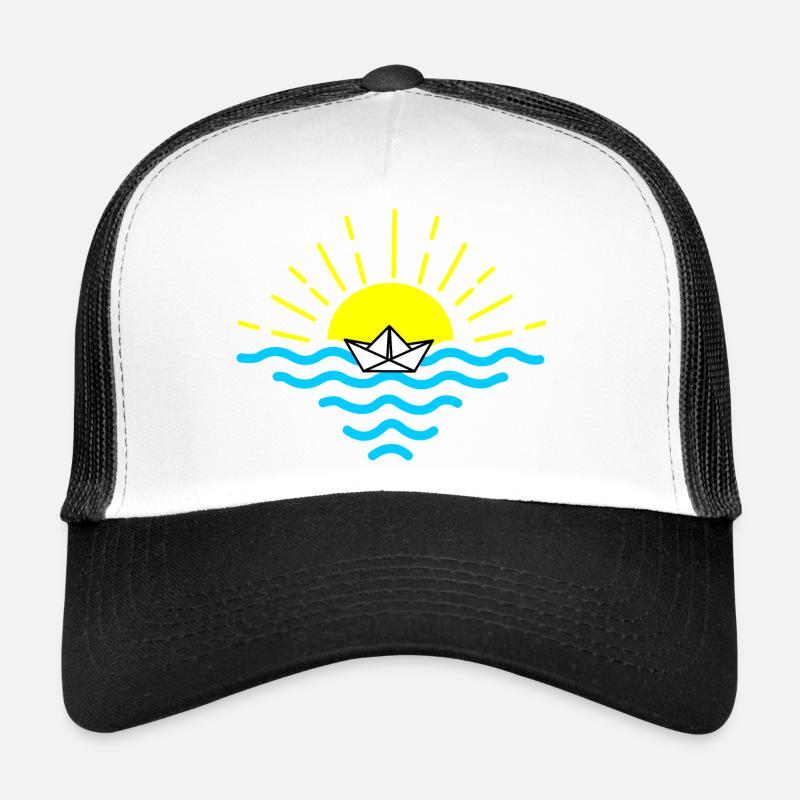 Bateau en papier plié blanc coucher de soleil Casquette trucker 