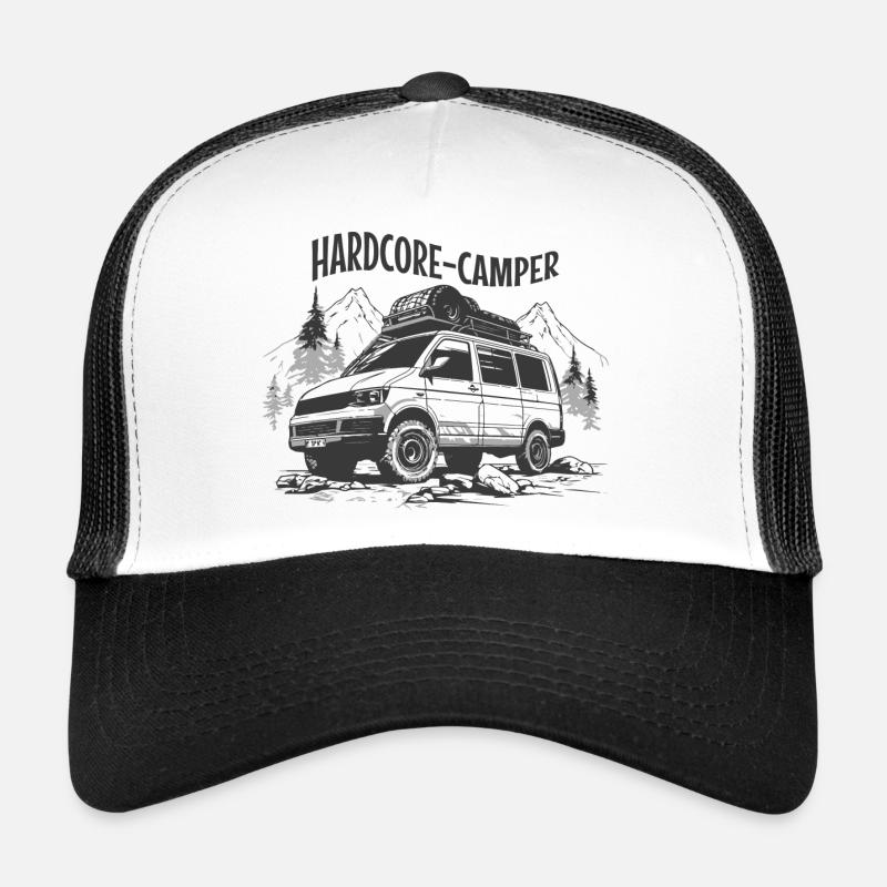 Hardcore Camper Zelten Campervan Transporter KFZ - Trucker Cap - Weiß/Schwarz