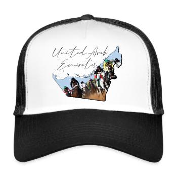 (VAE) Emirate Landkarte umrahmt Pferderennen EN - Trucker Cap - Weiß/Schwarz - Vorne