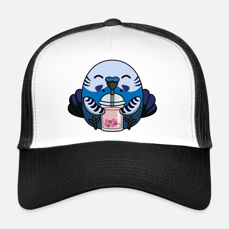 Blauer Wellensittich Vogel mit Bubble Tea - Trucker Cap - Weiß/Schwarz