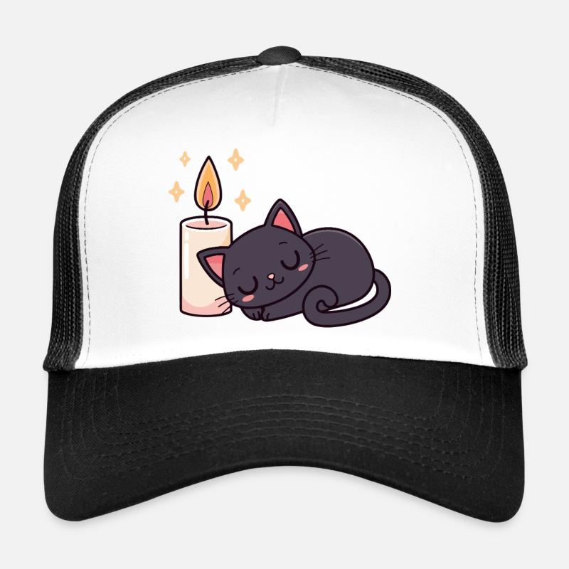 Chat noir endormi et bougie lumineuse Casquette trucker 