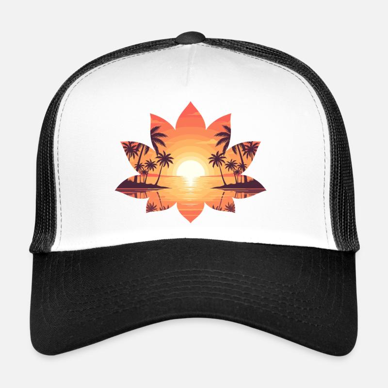 Sunset Island in Lotus Frame Trucker Cap