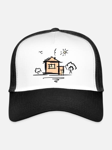 House with trees and sun. Drawing. Scribble. - Trucker Cap - white/black - Front