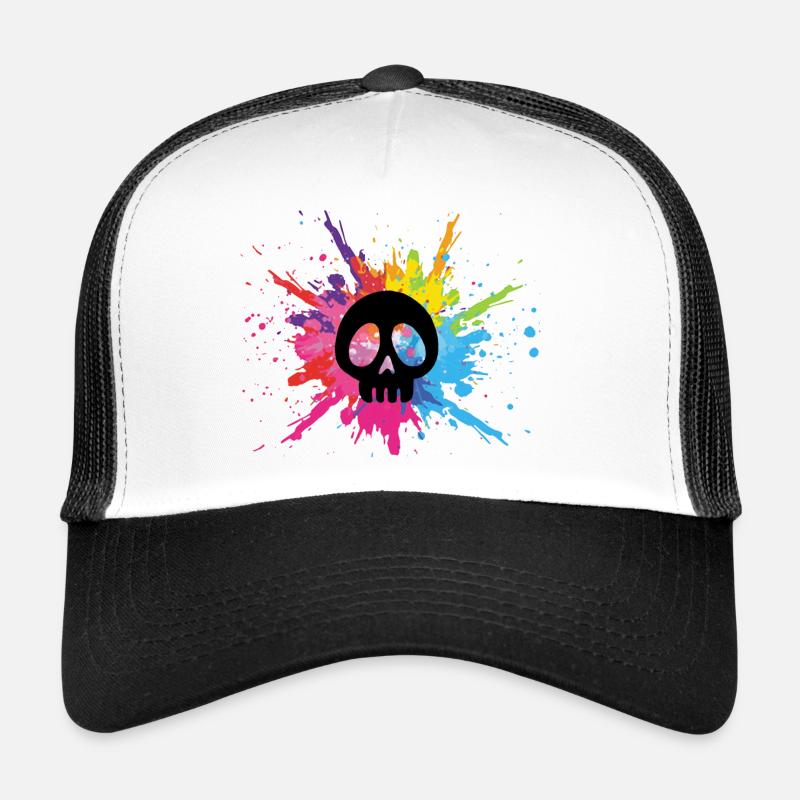 Black skull and multicolored explosion Trucker Cap