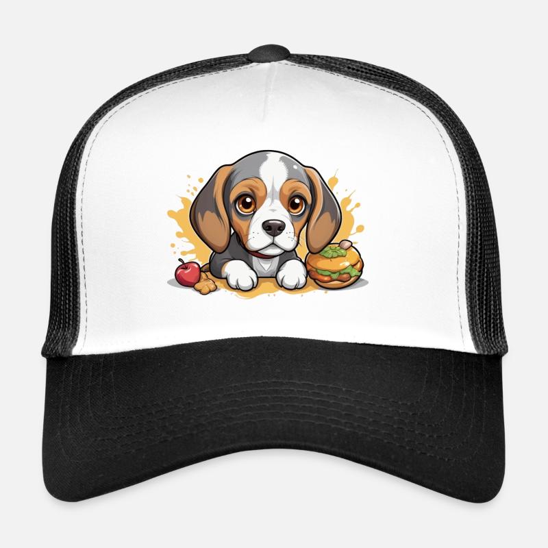 Kleiner Beagle Welpe mit Apfel und Burger Trucker Cap