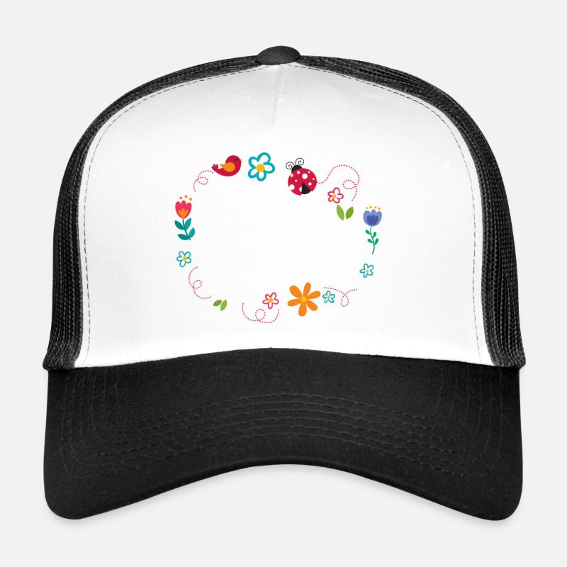 Runder Rahmen mit Blumen Marienkäfer und Vogel Trucker Cap