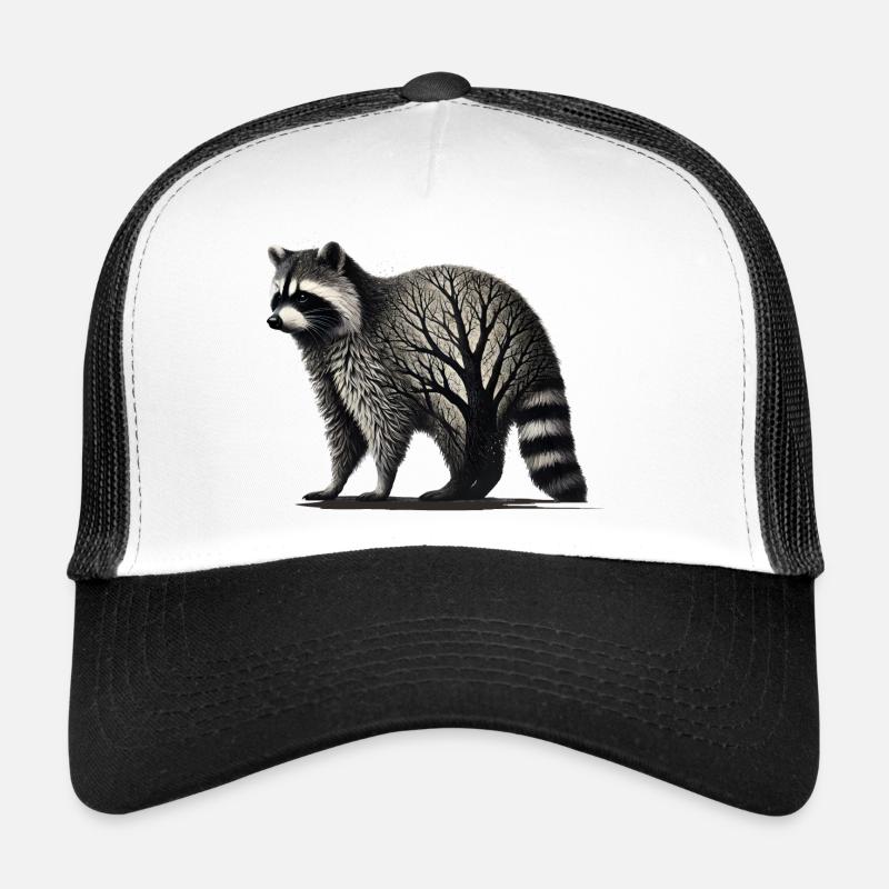 Waschbär und filigranes Baumgeflecht im Fell Trucker Cap
