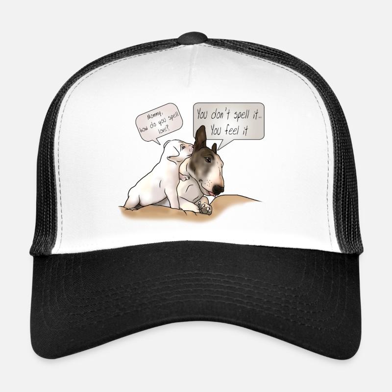 « Comment épeler l’amour » bull terrier avec chiot - Casquette trucker  - blanc/noir