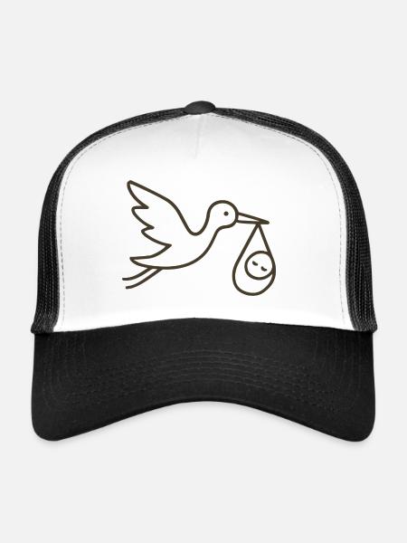 Cigogne avec bébé enfant - Arrivée minimale de bébé - Casquette trucker  - blanc/noir - Devant