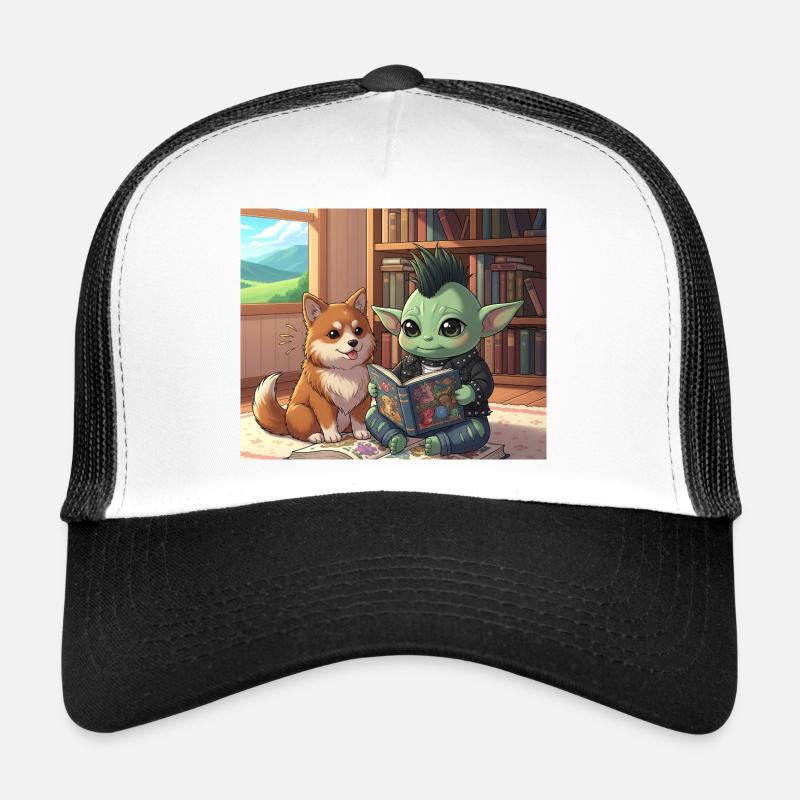 Mischender Kobold mit Hund im Bücherzimmer Trucker Cap