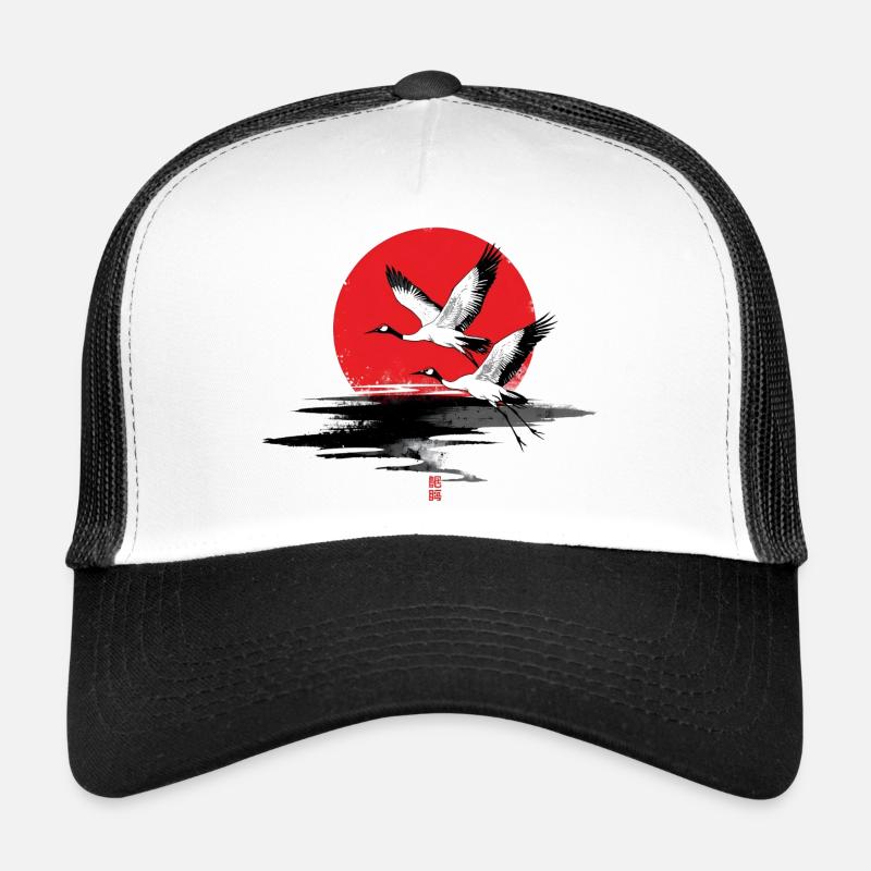 Japanese Cranes Red Sun Illustration Trucker Cap