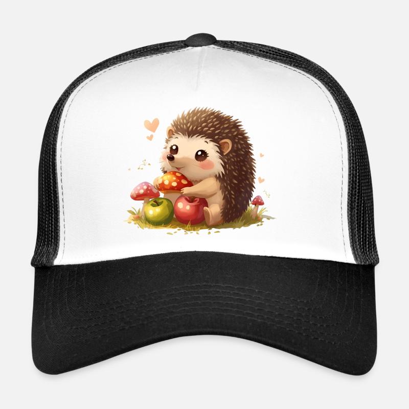 Süßer Igel mit Pilzen und Äpfel - Trucker Cap - Weiß/Schwarz