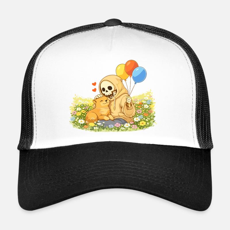 Squelette douillet avec chat sur la prairie fleurie Casquette trucker 