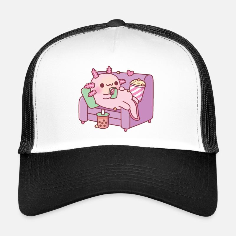 Mignon Axolotl Chilling avec téléphone Boba Tea Popcorn Casquette trucker 