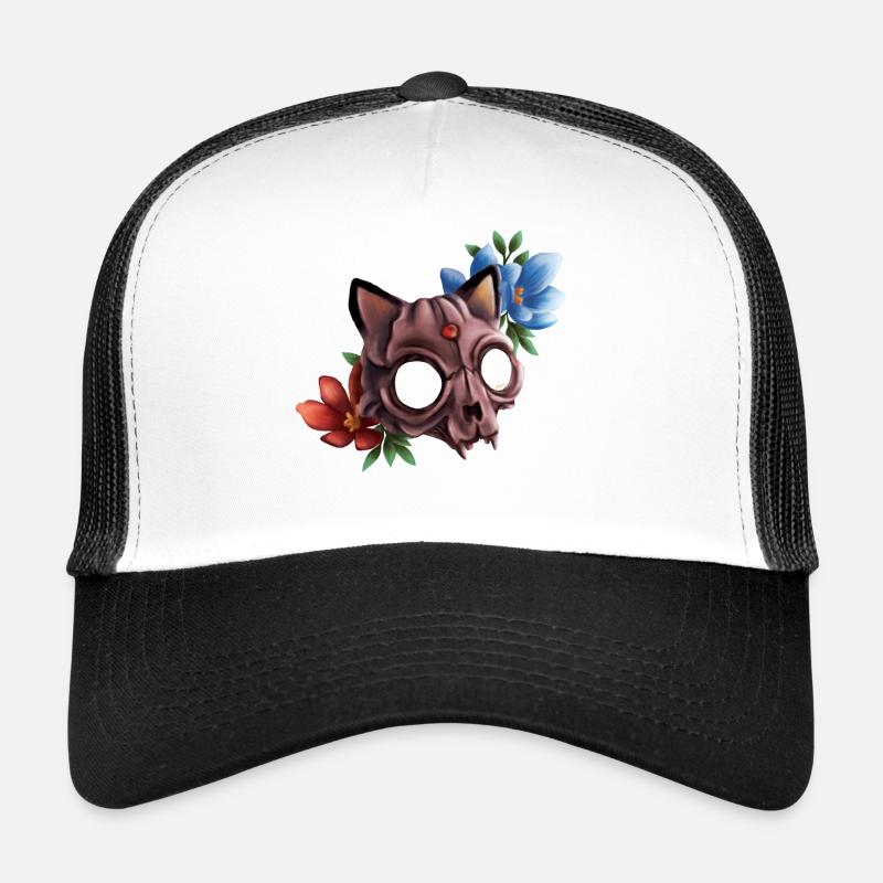 crâne de chat avec des fleurs - Casquette trucker - blanc/noir