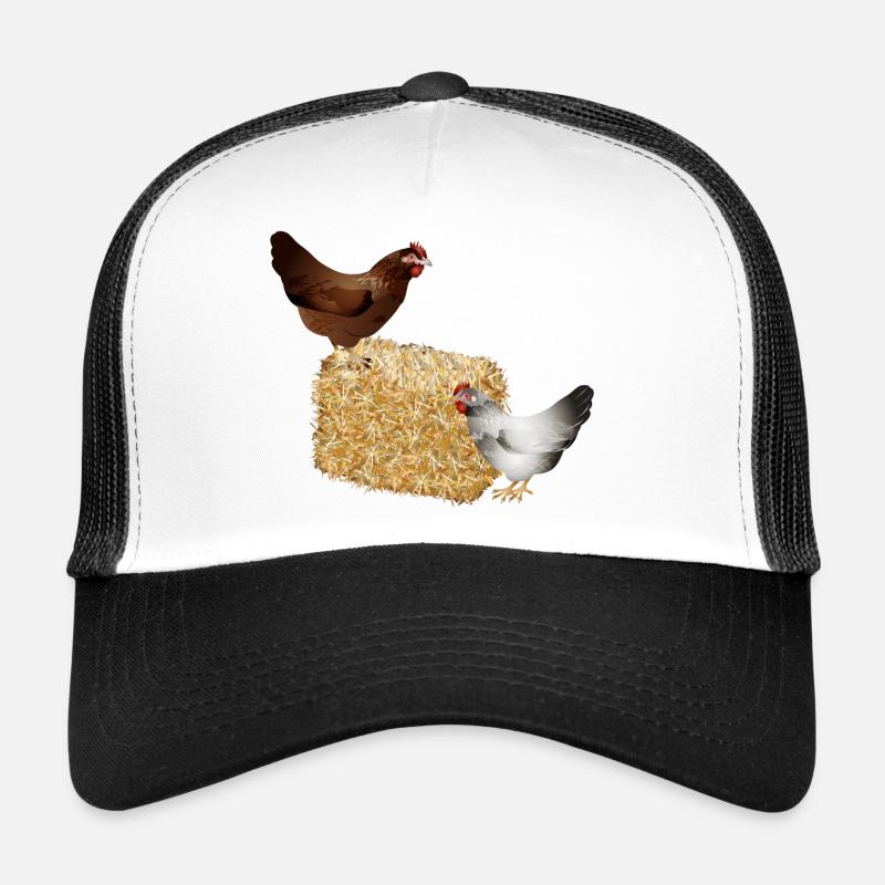 two chickens on a bale of straw Trucker Cap