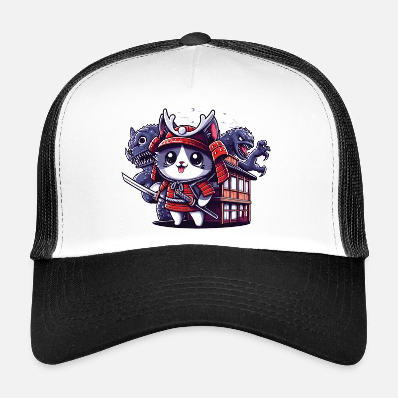 Samurai ninja cat behind Monster and Dojo - Trucker Cap - white/black