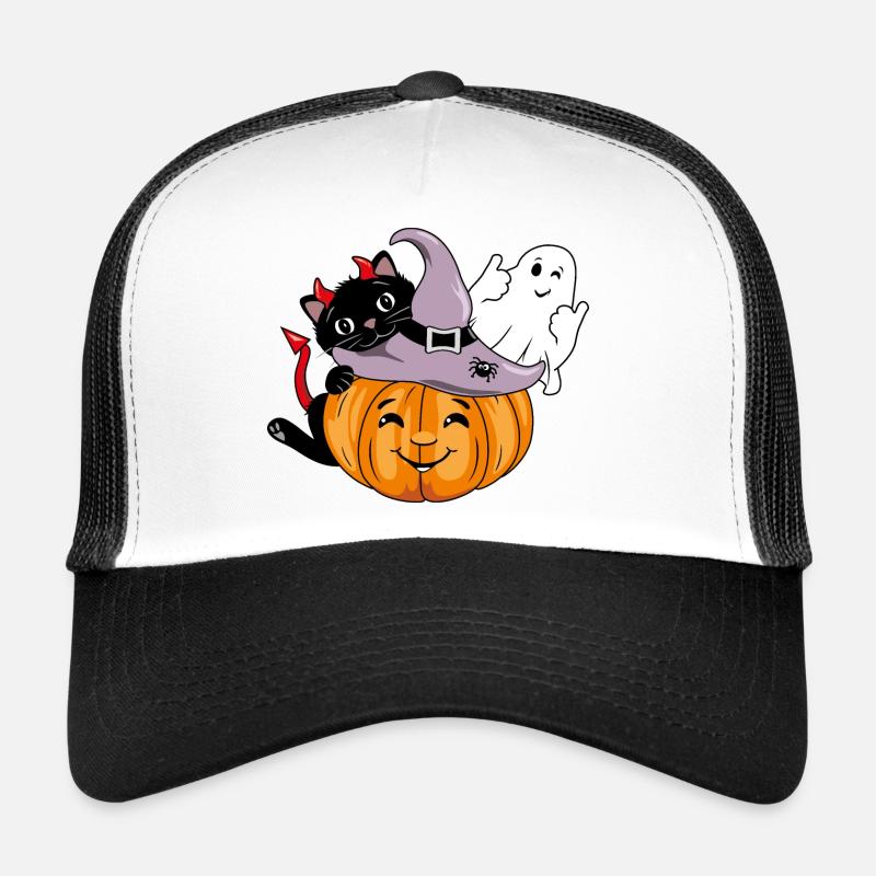 Lächelnder Kürbis mit schwarzer Katze und zwinkerndem Geist Trucker Cap