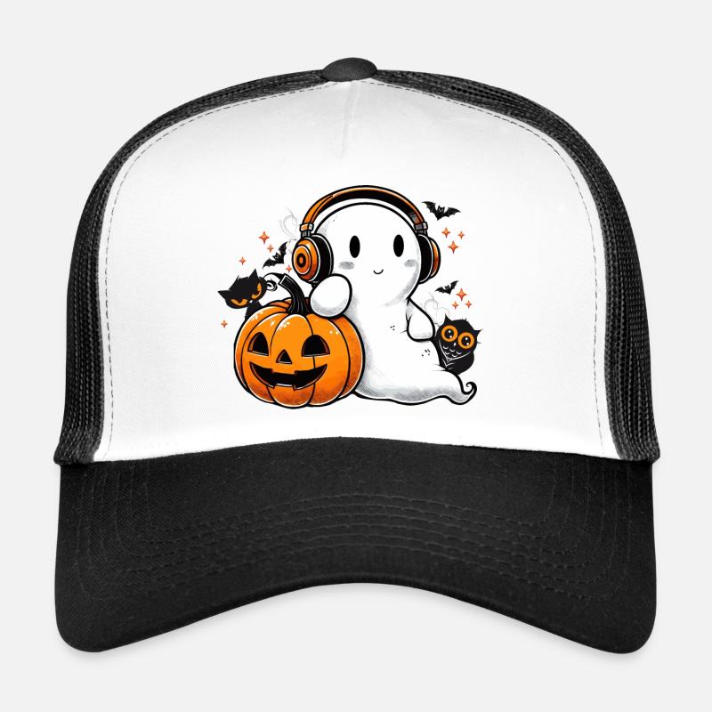 fantôme cool avec des écouteurs et une citrouille d’Halloween Casquette trucker 