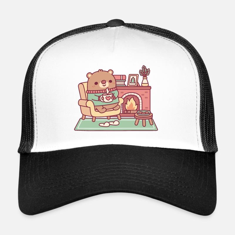 Cute Brown Bear And Cozy Fireplace Trucker Cap