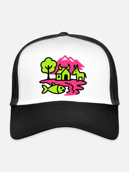 Paysage naïf Pop Art - Casquette trucker  - blanc/noir - Devant